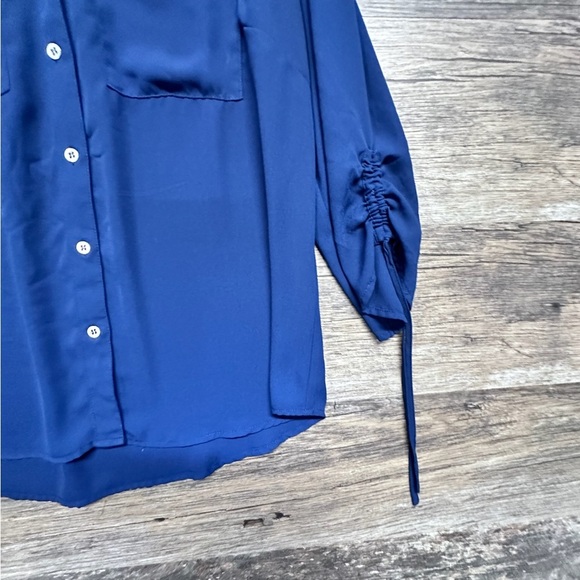 New York & Company Blue Button Down Blouse with 3/4 Sleeves - Picture 6 of 7